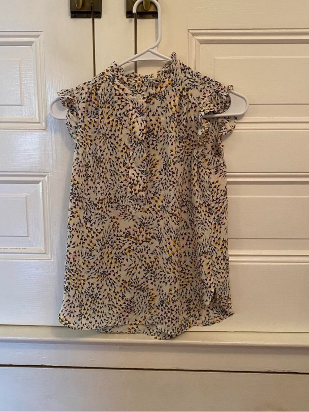 LOFT Cream Printed Ruffle-Shoulder Blouse with Yellow and Black Accents